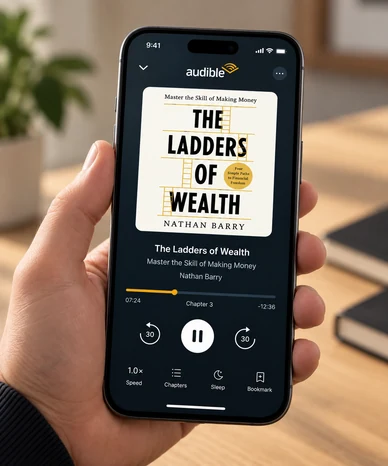 The Ladders of Wealth audiobook playing on a phone